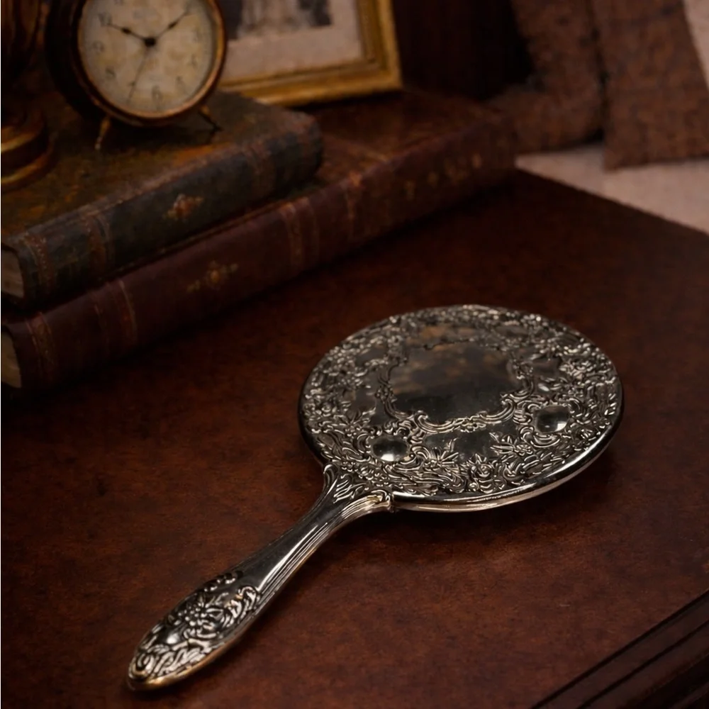 Antique Silver Plated Art Nouveau Repousse Vanity Hand Mirror